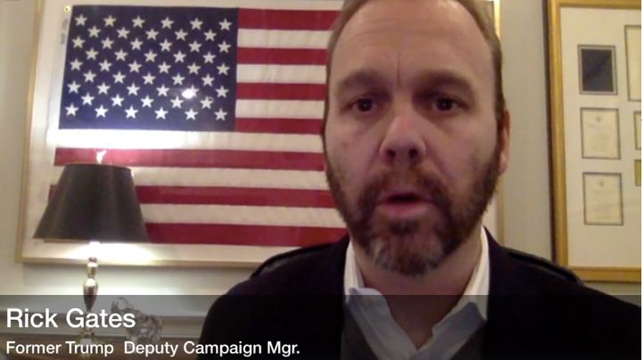 Rick Gates, a former Trump campaign manager, who is under house arrest as part of Robert Mueller's investigation, addressed the fundraiser by video.
