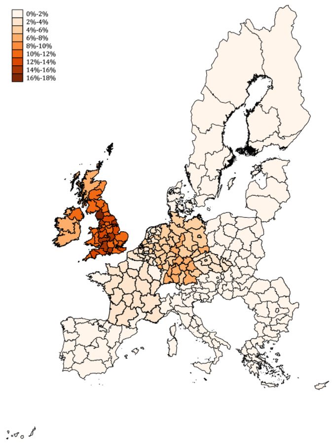 <strong>Regional shares of local labour income exposed to Brexit.</strong>