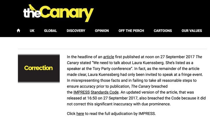 The Canary had been a front page correction to a story it wrote about BBC reporter Laura Kuenssberg