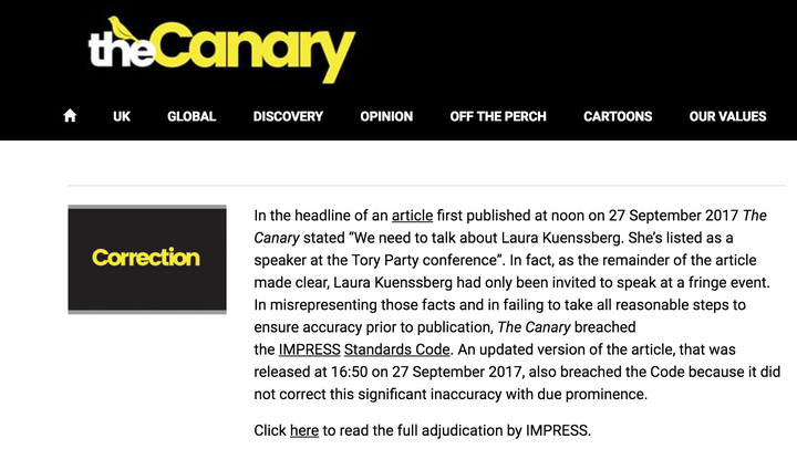 The Canary had been a front page correction to a story it wrote about BBC reporter Laura Kuenssberg