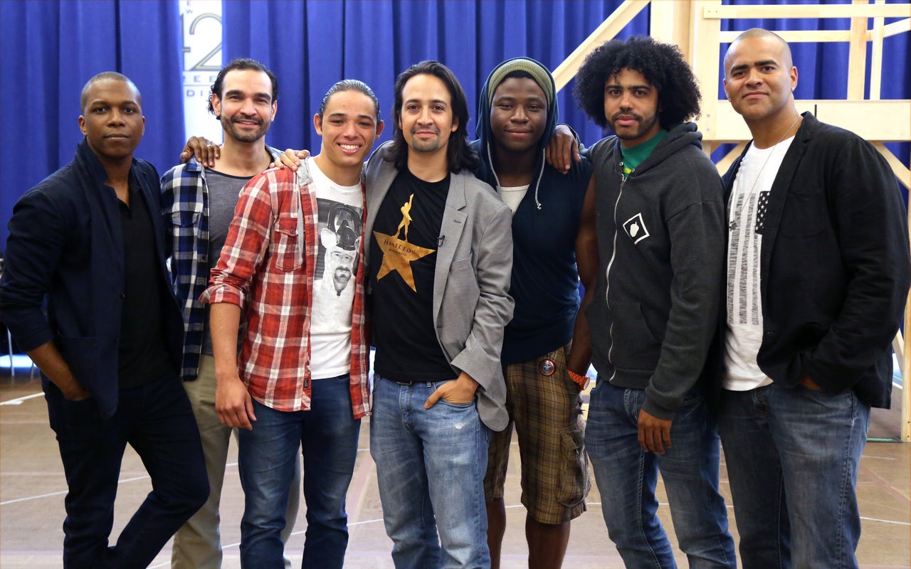 "Hamilton" cast members Leslie Odom Jr., Javier Munoz, Anthony Ramos, Lin-Manuel Miranda, Okieriete Onaodowan, Daveed Diggs and Christopher Jackson at a meet-and-greet on June 18, 2015. 