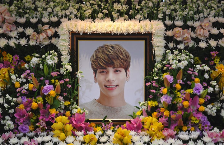 The portrait of Kim Jong-Hyun, a 27-year-old lead singer of the massively popular K-pop boyband SHINee, is seen on a mourning altar at a hospital in Seoul on December 19, 2017.