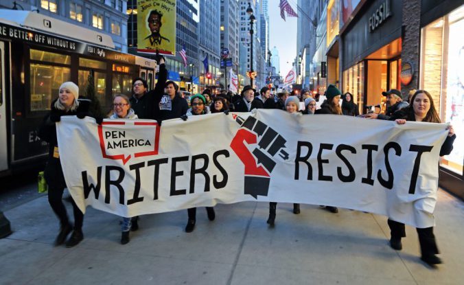 Writers protest in Trump’s America, marching with PEN America’s “Writers Resist” banner, January 2017. 