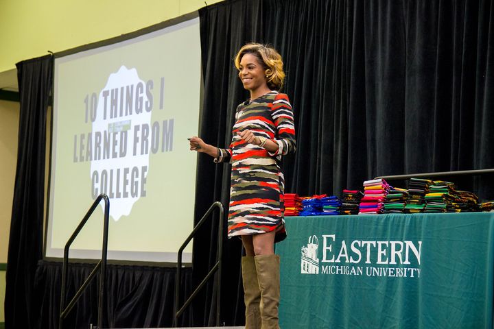 Brittni L. Brown speaking at her alma mater, Eastern Michigan University
