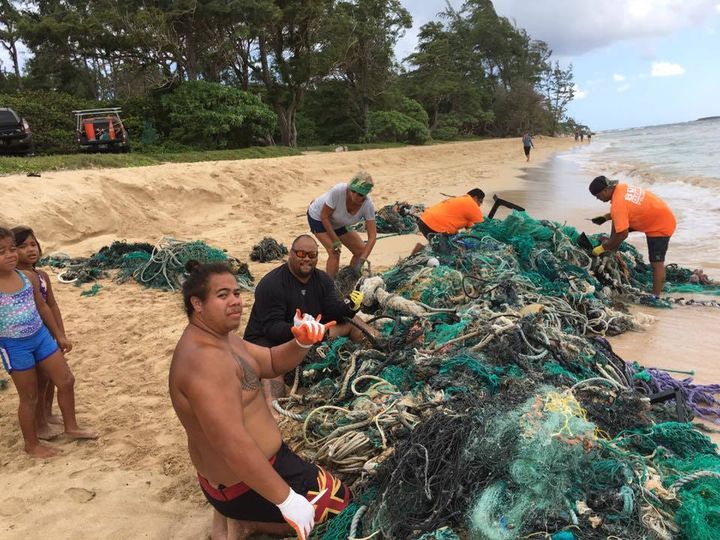 808 Cleanups - Hukilau-Malaekahana Beach. Nakia Naeʻole, Josh Noga, Ulise Funaki, and 808 Cleanups crew.