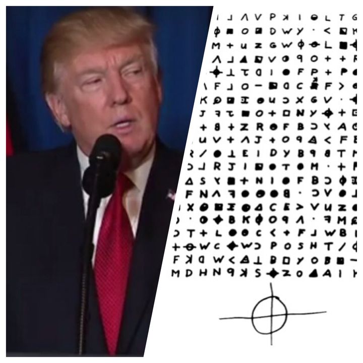President Donald Trump and cipher sent to the San Francisco Chronicle from the Zodiac killer in 1970.