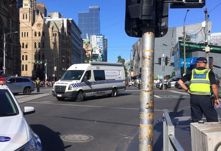 A vehicle plowed into pedestrians at a crowded intersection near the Flinders Street train station in Melbourne, Australia on Thursday.