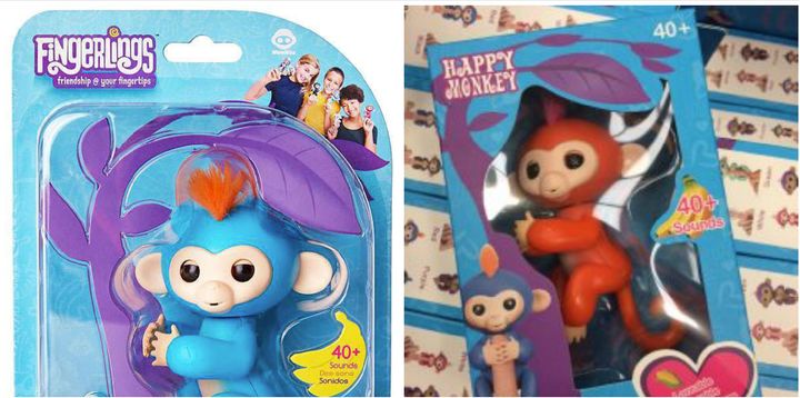 The Fingerling on the left is real, the one on the right is fake. You can see the words "Happy Monkey" instead of "Fingerlings" in the top left hand corner. 