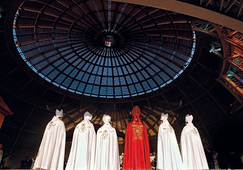 Cardinal Mar Beshara Boutros El Raï (in red), Maronite Patriarch of Antioch and the Levant, leads mass during a visit of the statue of Our Lady of Fatima to the Maronite Patriarchate in Bkerke, north of Beirut (courtesy Patrick Baz)