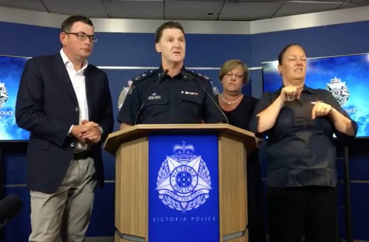 Victoria Police’s acting commissioner Shane Patton (centre) speaking to a press conference on Thursday.