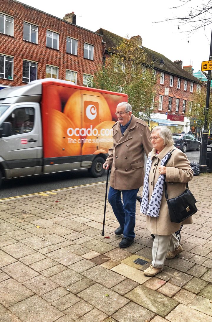 Clive and Margaret shopping on their local high street in Fleet