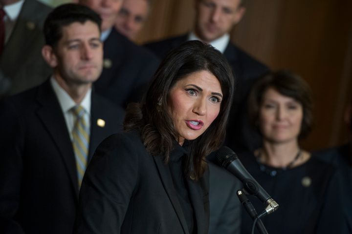 Rep. Kristi Noem speaks during a news conference in the Capitol after the House passed the GOP's tax reform bill.