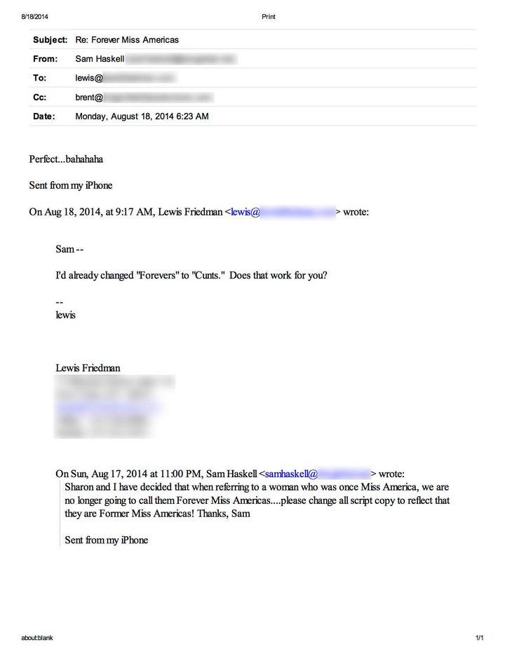 One of the internal emails between Miss America CEO Sam Haskell and lead writer Lewis Friedman