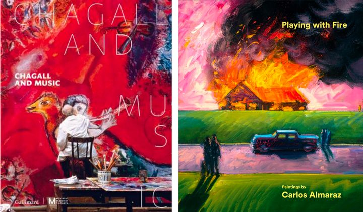 (L) Catalog for Chagall and Music. Gallimard Publishing. Image courtesy Alibris.com. (R) Catalog for LACMA’s Playing with Fire: Paintings by Carlos Almaraz. Image courtesy LACMA. 