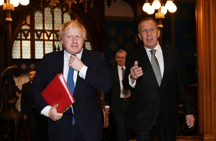 British Foreign Secretary Boris Johnson and Russian counterpart Sergei Lavrov in Moscow.