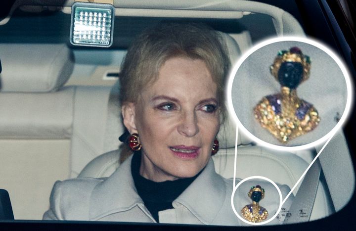 Princess Michael of Kent seen wearing a controversial blackamoor brooch to Christmas dinner at Buckingham Palace in London on Wednesday