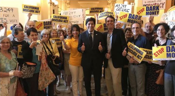 <p>Trent Lange with California Senate President pro Tem Kevin de León and Clean Money supporters after crucial hearing for <em>California DISCLOSE Act.</em></p>