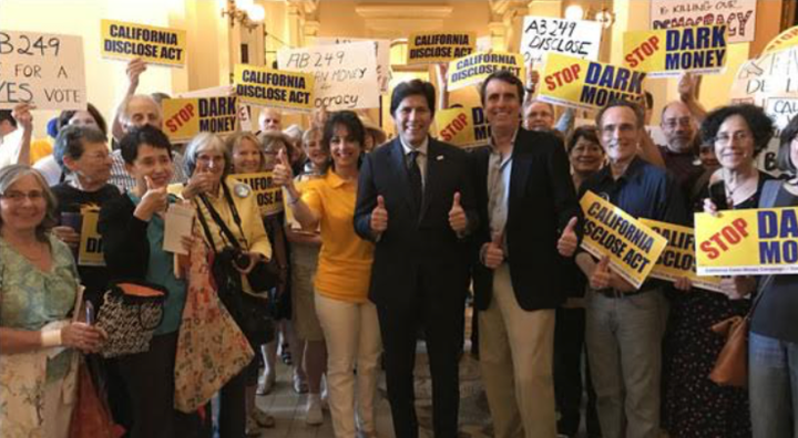 <p>Trent Lange with California Senate President pro Tem Kevin de León and Clean Money supporters after crucial hearing for <em>California DISCLOSE Act.</em></p>