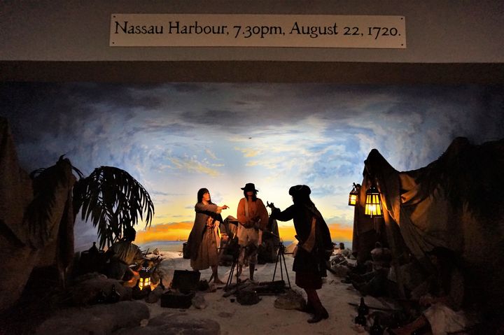 Life size dioramas depict important moments in the history of Nassau pirates, like this meeting of the women pirates Anne Bonney and Mary Reed with Calico Jack Rackham