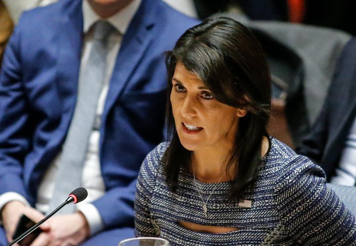 Nikki Haley speaks after voting on new sanctions against North Korea during a Security Council meeting on December 22, 2017 at U.N. headquarters in New York City.