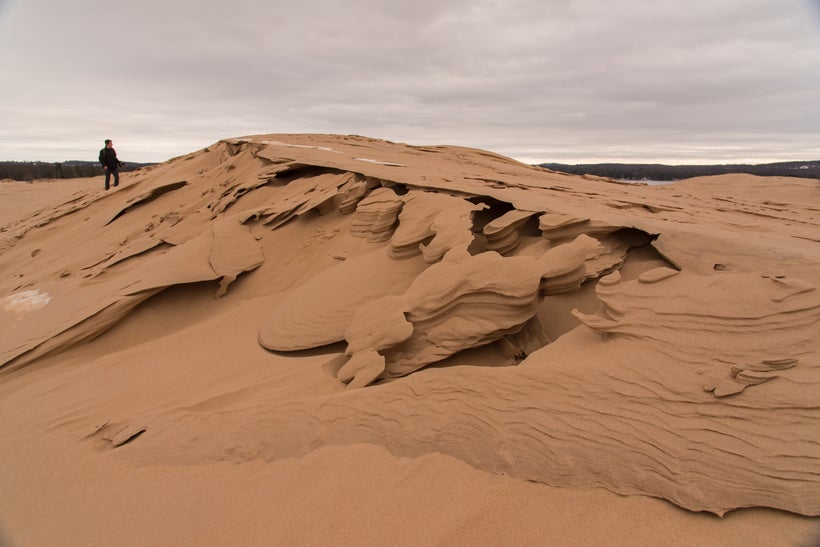 Interesting formations in the sand created by the snow, ice and wind.