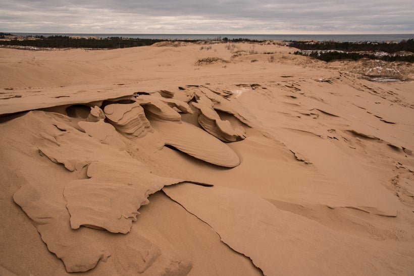 Looking across the dune formations toward Lake Michigan, about a mile away.