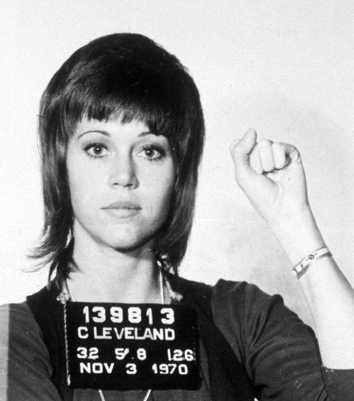 Jane Fonda’s mug shot. Fonda, already under surveillance from U.S. intelligence agencies, was returning from her appearance at an anti-Vietnam War fundraiser in Canada when she was arrested by U.S. Customs agents on charges of drug smuggling and assaulting an officer. All charges were dropped, the supposed narcotics in question actually being vitamins and whatnot.