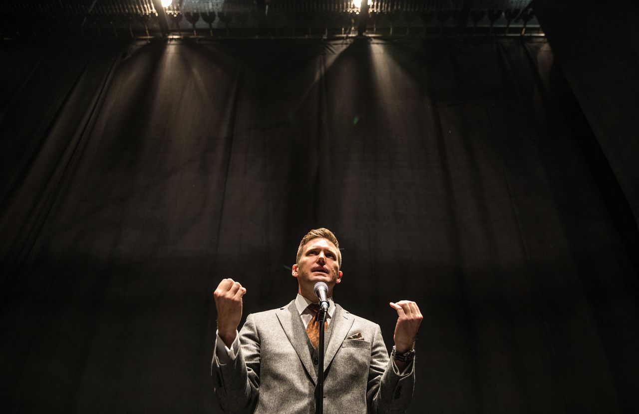 Richard Spencer addresses the media on Oct. 19, 2017, at the University of Florida, which initially resisted hosting him as a speaker.