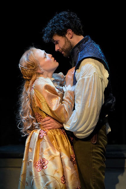 Megan Trout (Viola de Lesseps) and Adam Magill (Shakespeare) in a scene from Shakespeare in Love 
