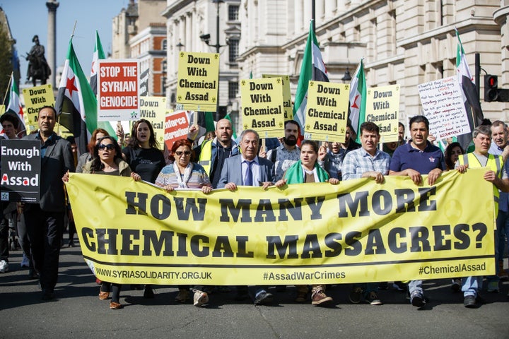 Protest after suspected chemical attack in Syria in 2017.