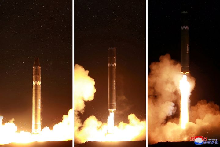 The newly-developed intercontinental ballistic rocket Hwasong-15's test in an undated picture released by North Korea 