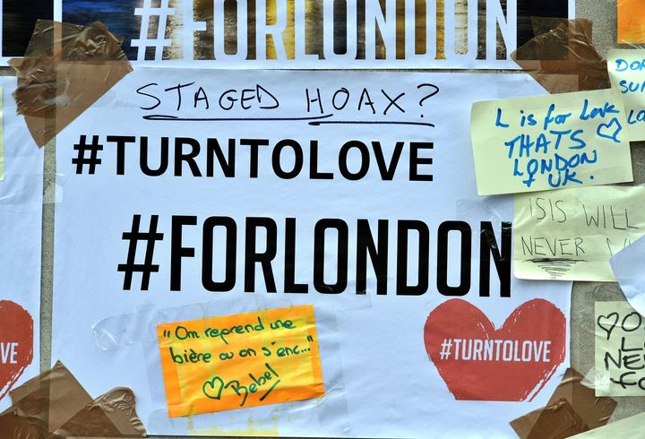 Messages of support on the base of the obelisk on London Bridge, following the terror attack in which eight people died 