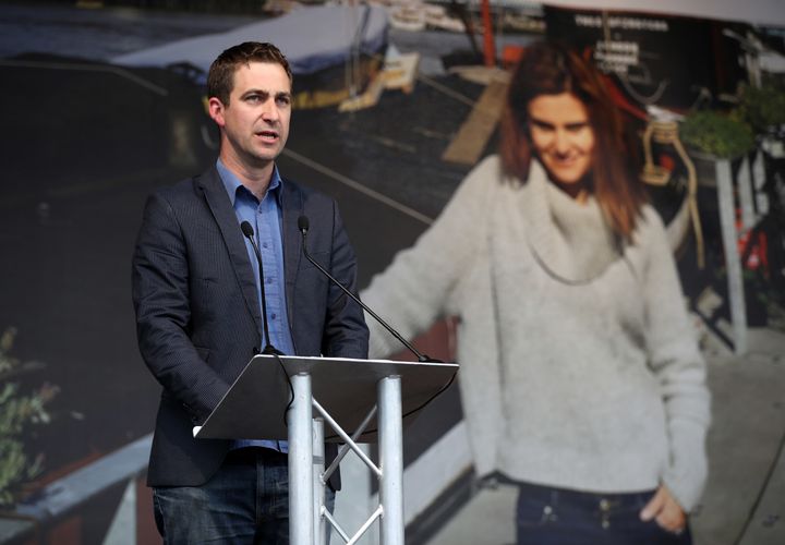 Brendan Cox delivering a speech at a memorial event for his murdered wife Jo Cox, in 2016