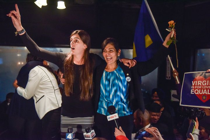 Danica Roem, left, and Hala Ayala, two new Democratic members of the Virginia House of Delegates, celebrate the election results on Nov. 7.