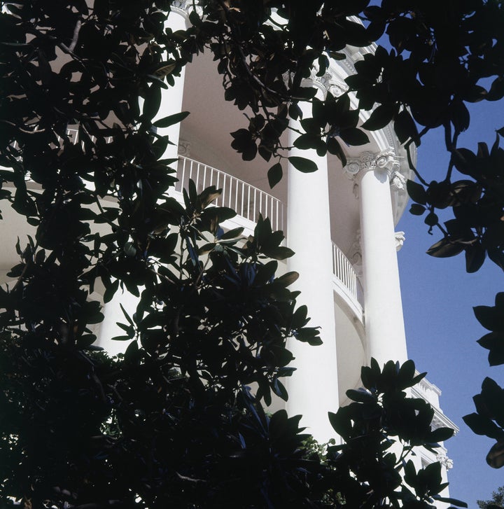 The south portico of the White House is framed by a Magnolia grandiflora planted by Andrew Jackson in memory of his wife.