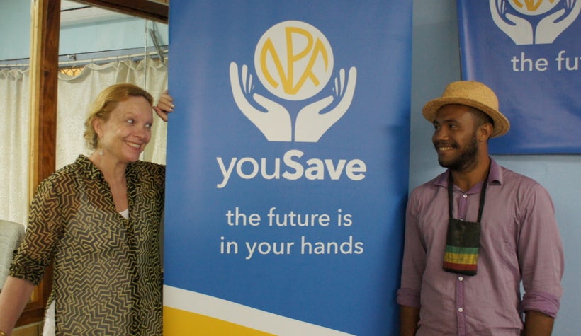 Caroline van Dullemen carrying out an information session on micro pensions in the Solomon Islands.