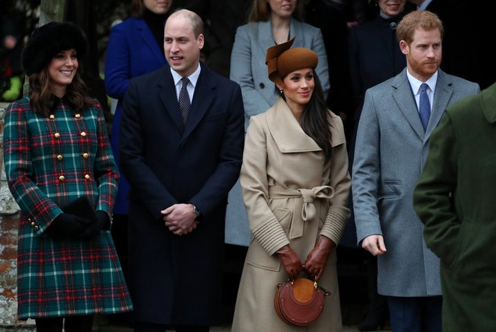 Catherine, Duchess of Cambridge, Prince William, Meghan Markle and Prince Harry leave St Mary Magdalene's church after the royal family's Christmas Day service. 