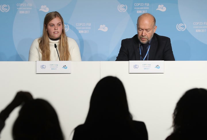 Climate expert James Hansen appeared at a November conference in Germany on environmental issues with his granddaughter, Soph