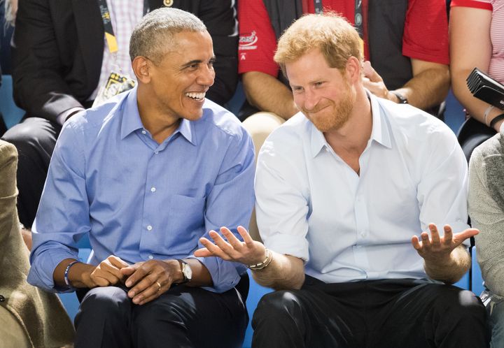 Barack Obama and Prince Harry watch the wheelchair basketball on day 7 of the Invictus Games Toronto 2017 on September 29, 2017 in Toronto, Canada. (Photo by Samir Hussein/Samir Hussein/WireImage)