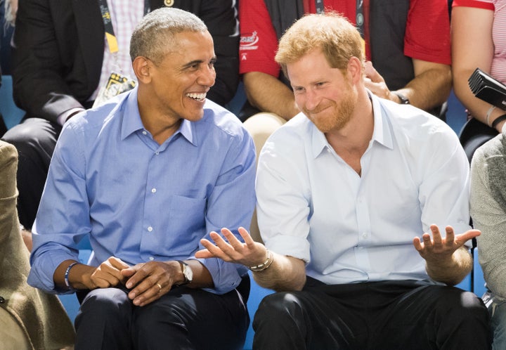 Barack Obama and Prince Harry watch the wheelchair basketball on day 7 of the Invictus Games Toronto 2017 on September 29, 20