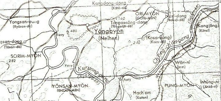 A formerly classified U.S. government map of the Yongbyon area, 1945. 