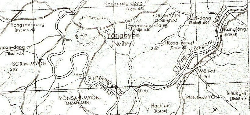 A formerly classified U.S. government map of the Yongbyon area, 1945.