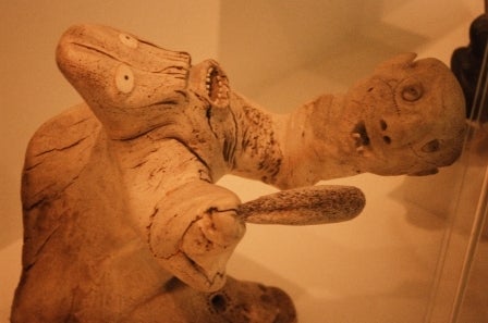 <p>Wood sculpture of a shaman turning into an animal at the Gallery of Inuit Art</p>