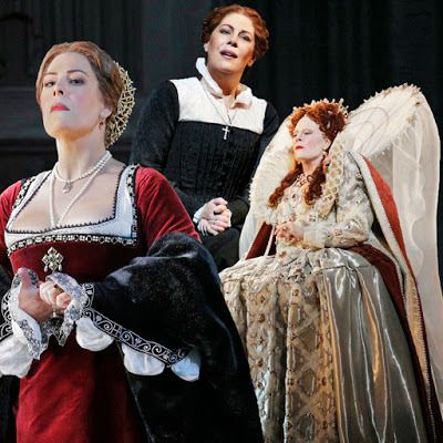 Soprano Sondra Radvanovsky in costume as Donizetti's three queens for the Metropolitan Opera