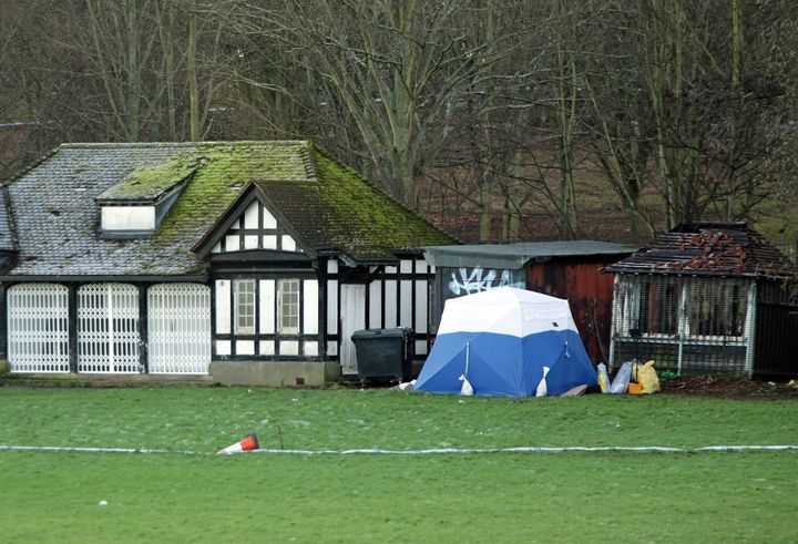 A police tent marks the area where forensic investigators were seen searching for clues on Thursday