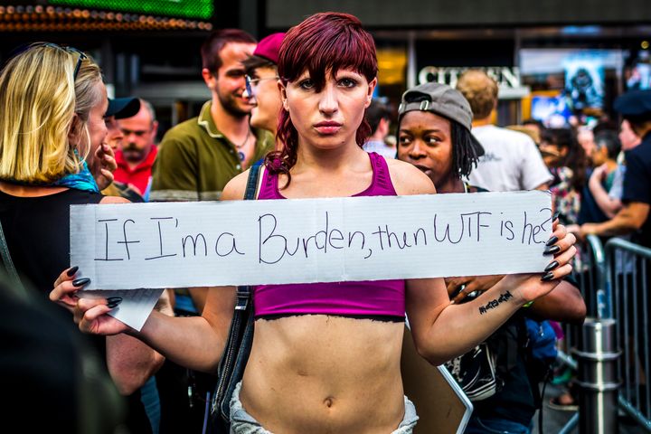A demonstrator protests Trumps' transgender military ban in New York's Times Square in July.