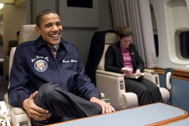 President Obama on his first trip aboard Air Force One. February 5, 2009.