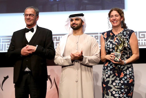 Palestinian director Annemarie Jacir (R) secured the Muhr Best Fiction Feature award for ‘Wajib’, photographed here with acto