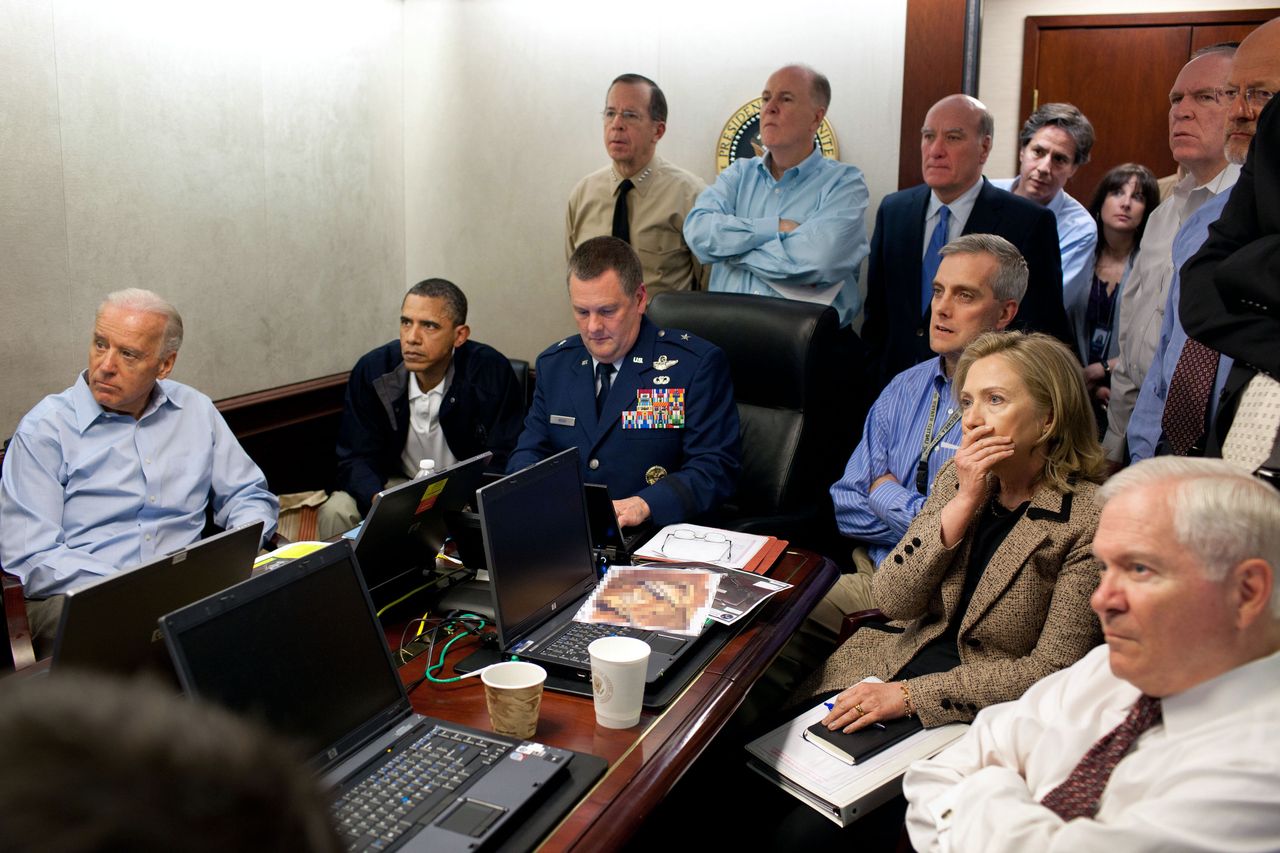 President Obama and members of his cabinet watch the Osama Bin Laden raid unfold in the White House Situation Room.