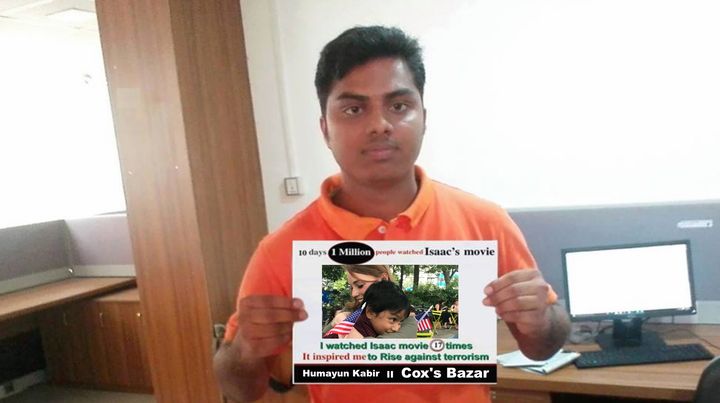 Computer Programmer Humayun Kabir, a fan of Isaac, promoting his movie in Cox's Bazar (কক্সবাজার), to create a world without terrorism. 